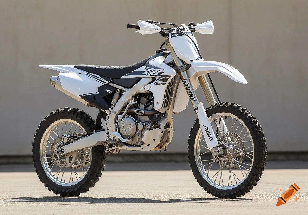 A white and black Yamaha YZF 450 dirt bike stands on a concrete surface.