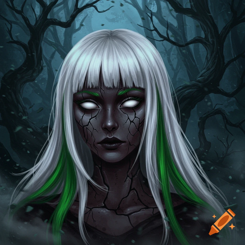 Close-up portrait of a lady with long white and green hair, dark cracked skin, and glowing white eyes in a dark forest.