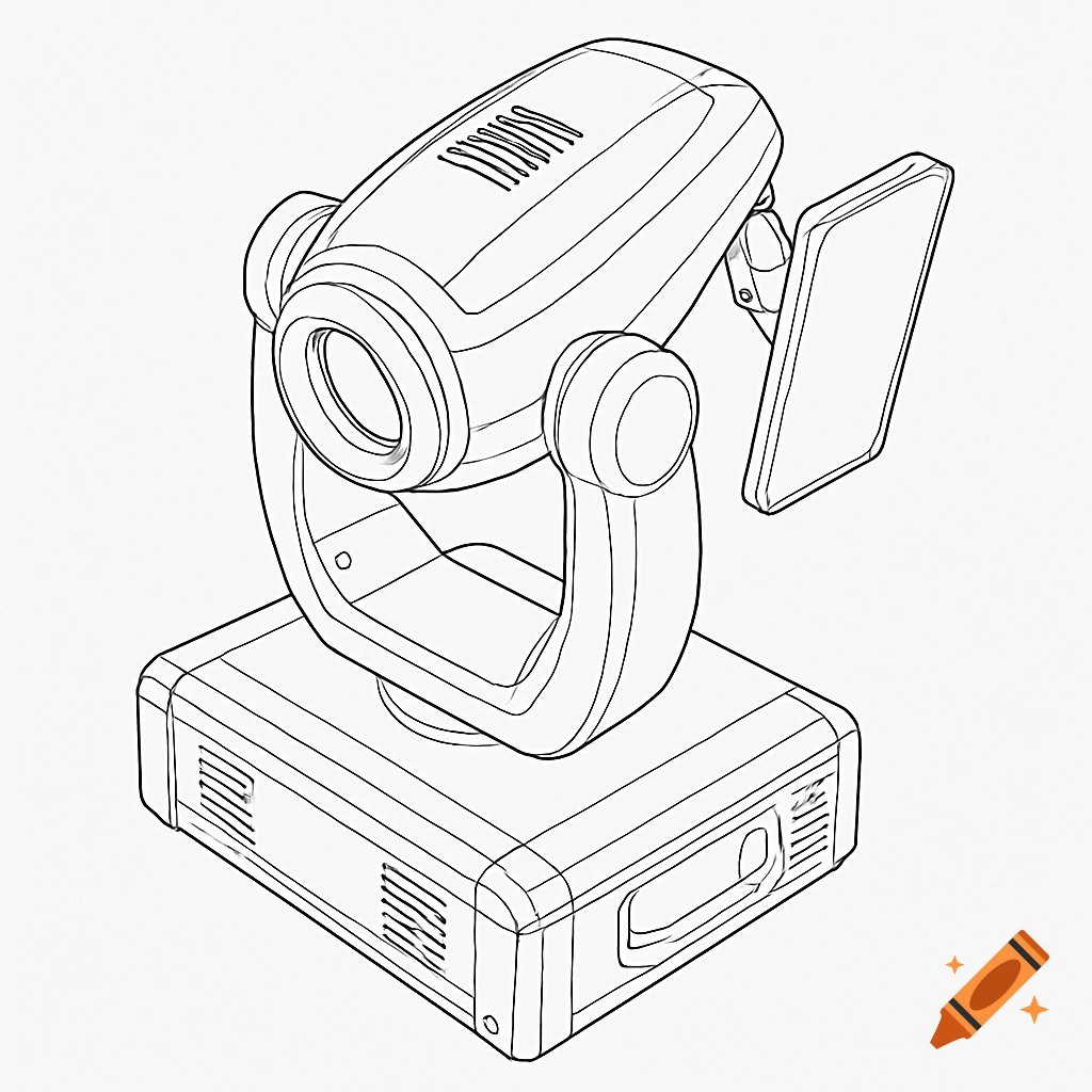 Line art schematic of a moving head stage light with a screen on its side, isolated on a white background.