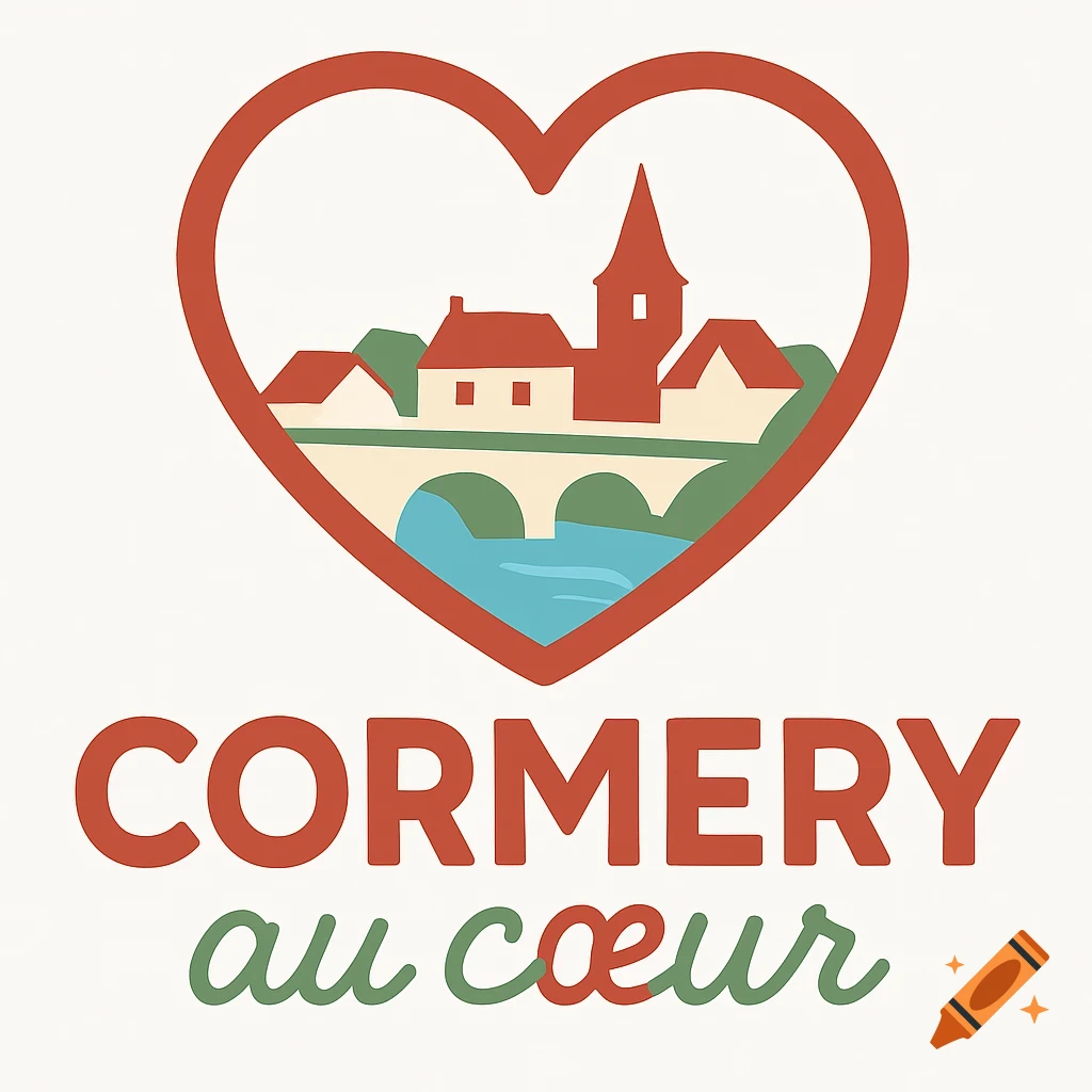 Vector logo of a red heart outlining a stylized village with houses, church, and bridge over a river. Text reads 'CORMERY au cœur'.
