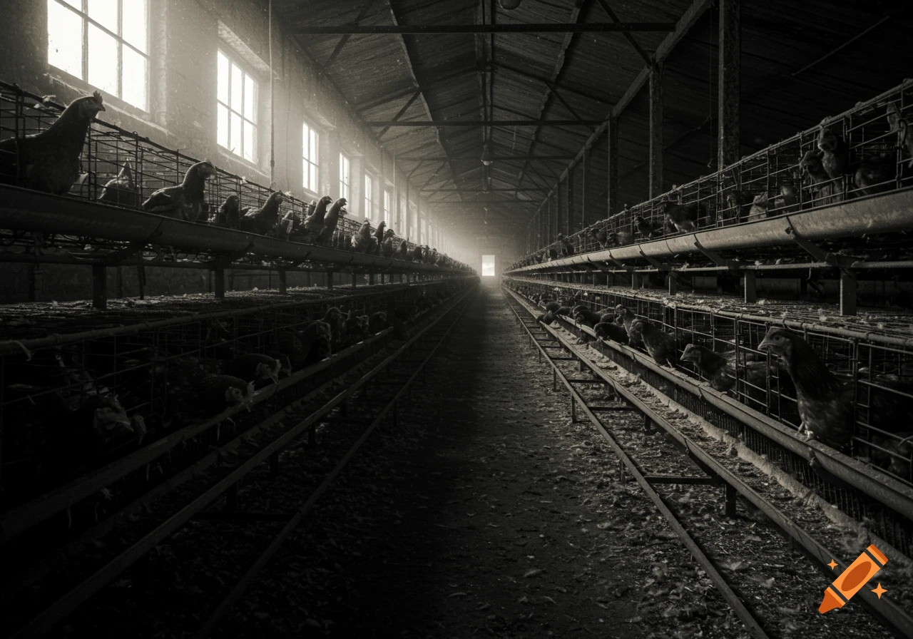 Black and white photo of a long, dimly lit chicken factory farm with rows of caged chickens on both sides.
