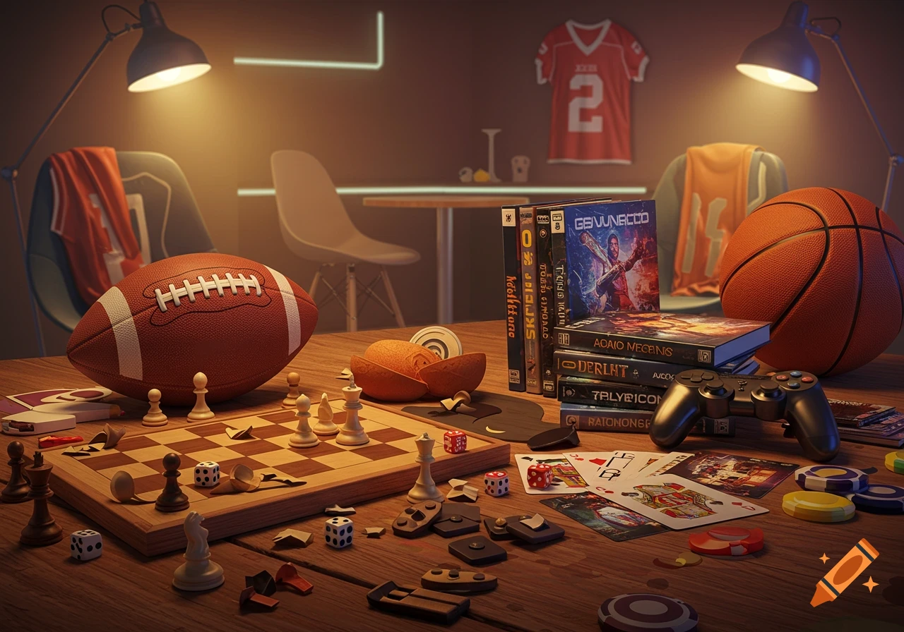A detailed still life of a football, basketball, chess set, dice, playing cards, poker chips, game controller, and video game cases on a wooden table.
