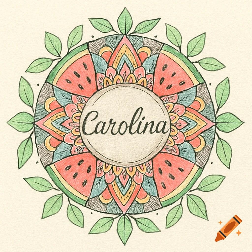 A colorful mandala drawing featuring watermelon slices, green leaves, and the name 'Carolina' in script in the center, rendered in a colored pencil style.