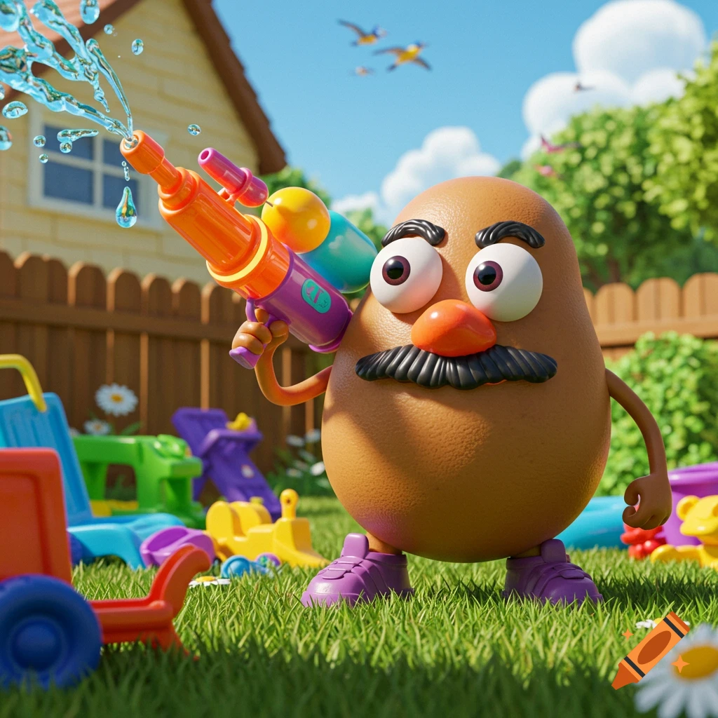 3D rendered Mr. Potato Head squirts water from a colorful toy water gun in a sunny backyard filled with other playthings.