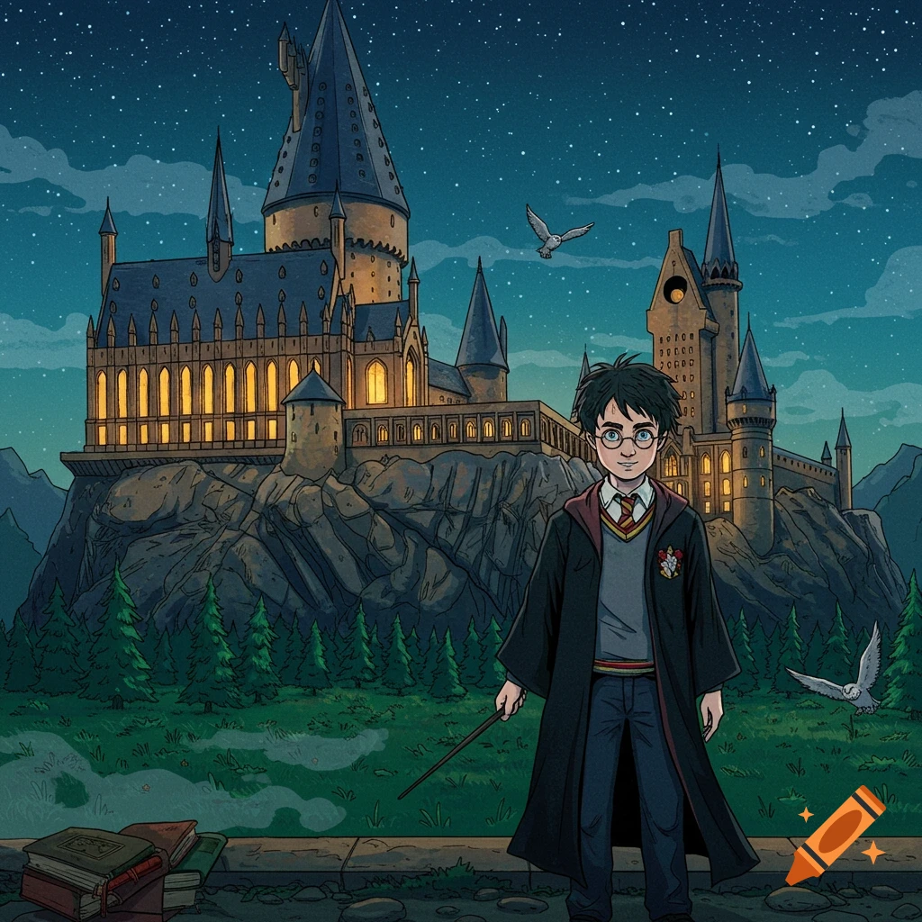 A cartoon illustration of Harry Potter holding a wand, standing in front of Hogwarts castle under a starry night sky with owls flying.