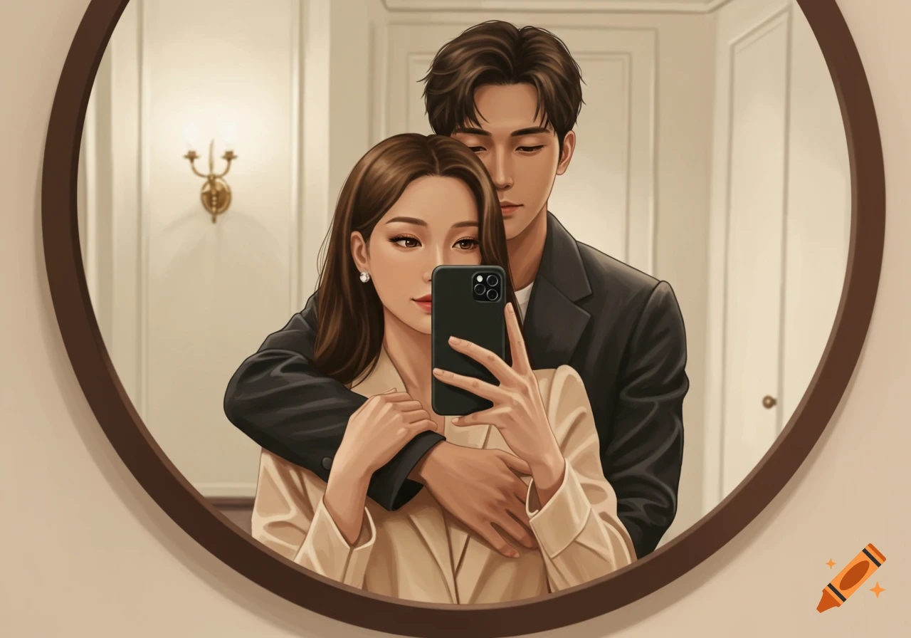 An illustration of a romantic couple taking a mirror selfie indoors.