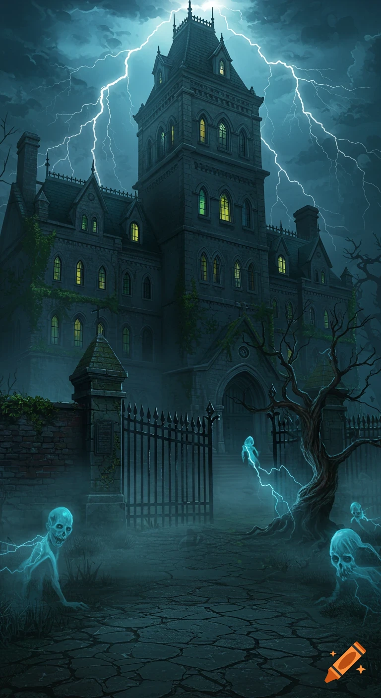 A gloomy gothic asylum shrouded in mist and fog under a stormy, lightning-filled sky, with glowing blue ghosts in the foreground.