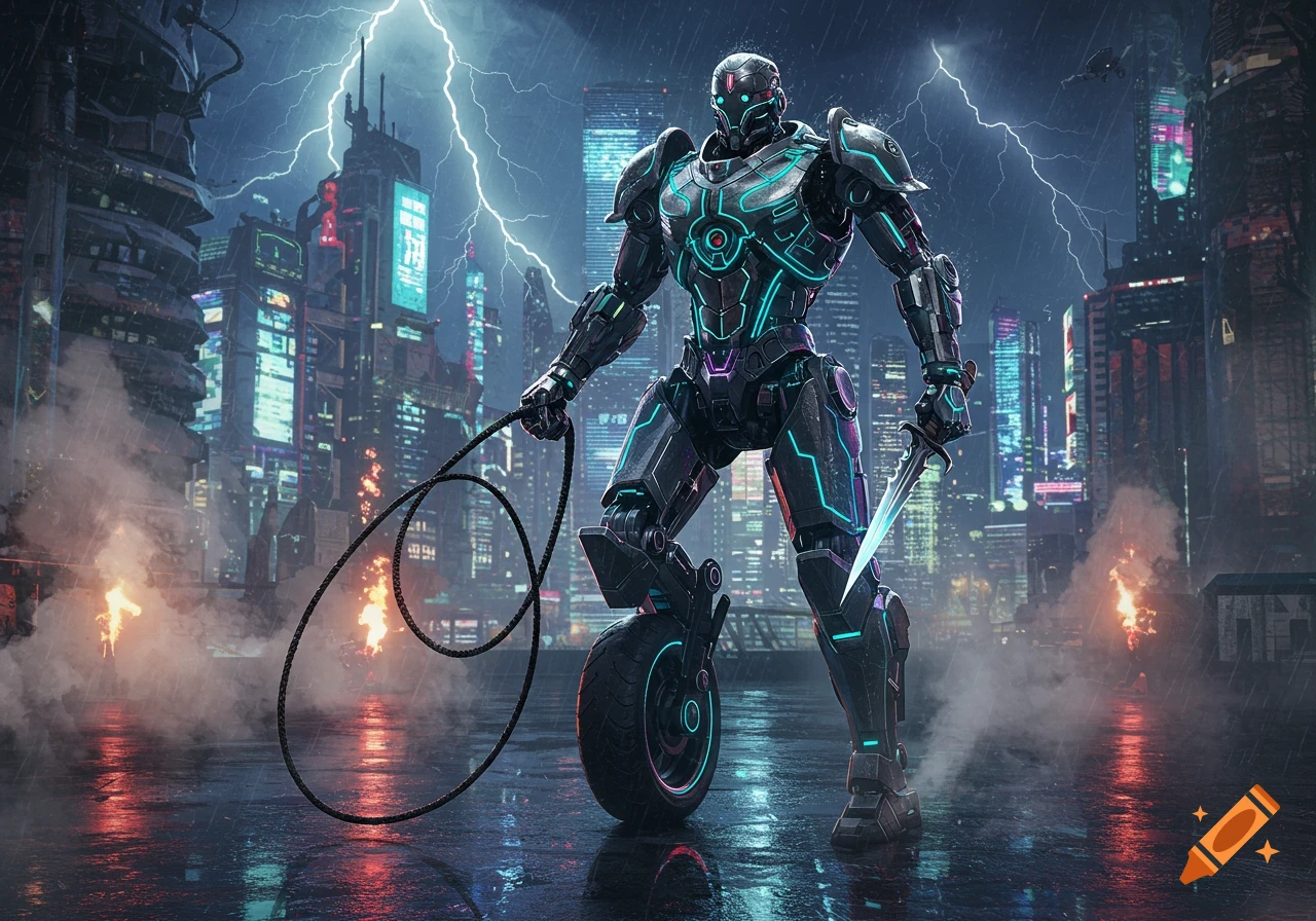 A futuristic robot with a unicycle leg, holding a whip and a dagger, stands in a rainy, lightning-struck cyberpunk city.