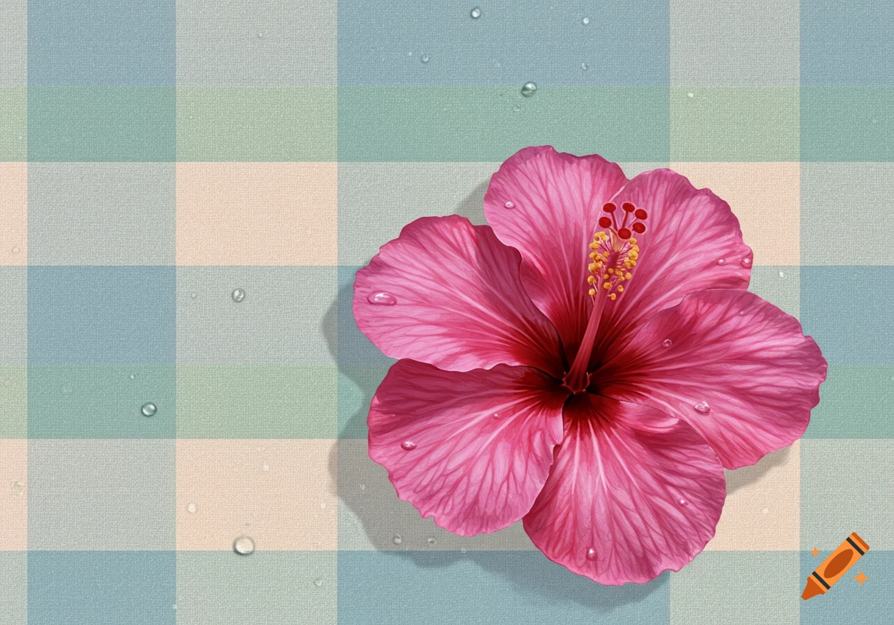 A vibrant pink hibiscus flower with water droplets on a blue and beige plaid background.