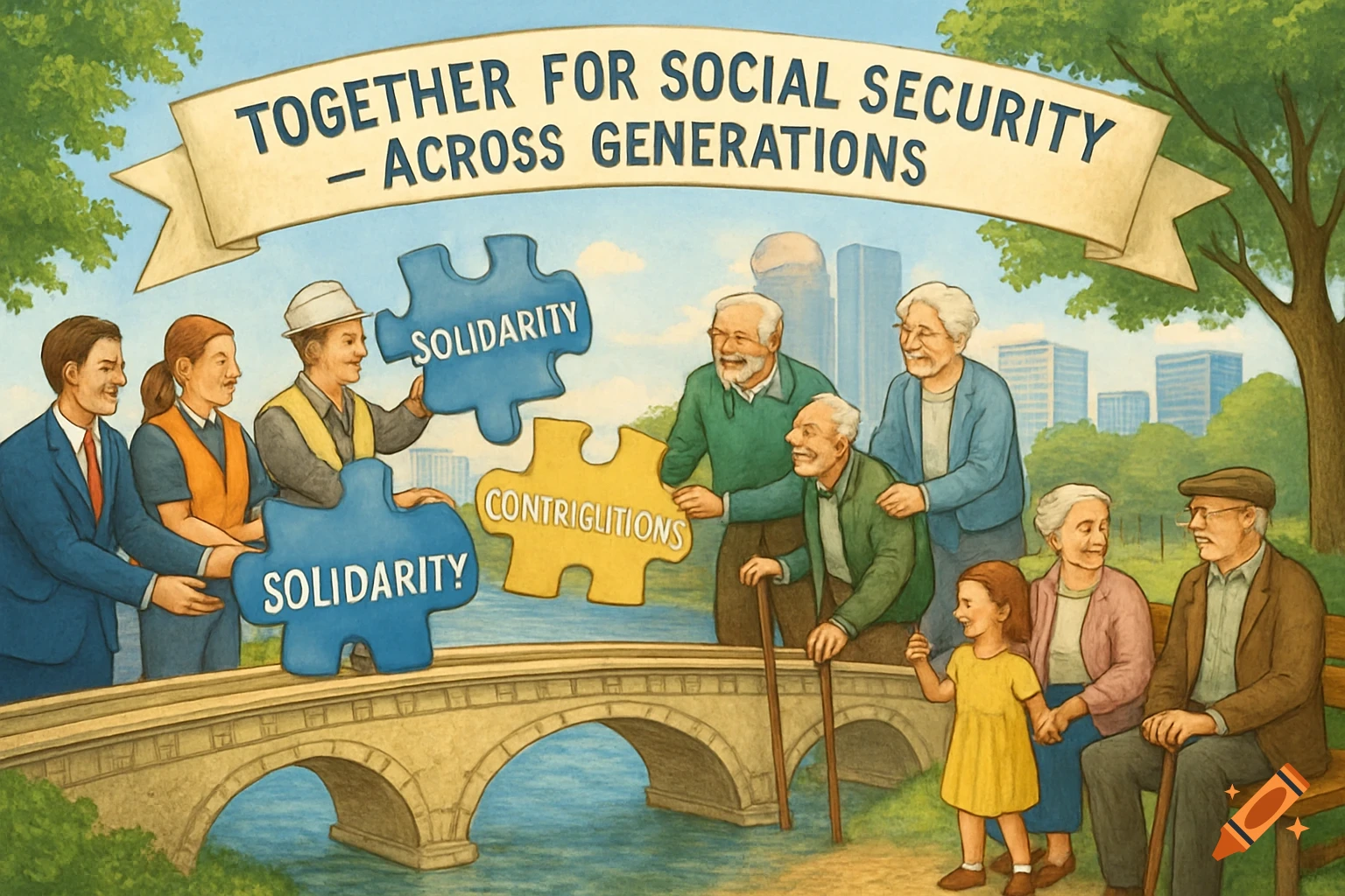 An illustration of people from different generations on a bridge, symbolizing social security. Younger people hold puzzle pieces labeled 'SOLIDARITY' and 'CONTRIGLITIONS', handing them to smiling elderly people. A banner reads 'TOGETHER FOR SOCIAL SECURITY - ACROSS GENERATIONS'. Cityscape and parks are in the background.