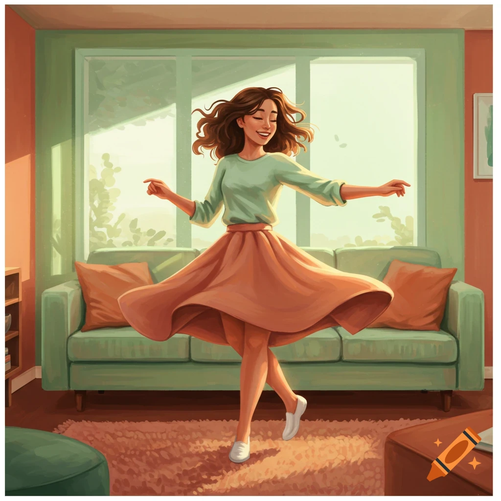 A smiling woman with brown hair dances cheerfully in her living room, wearing a light green top and a flowing terracotta skirt. The room has a green couch and a large window.