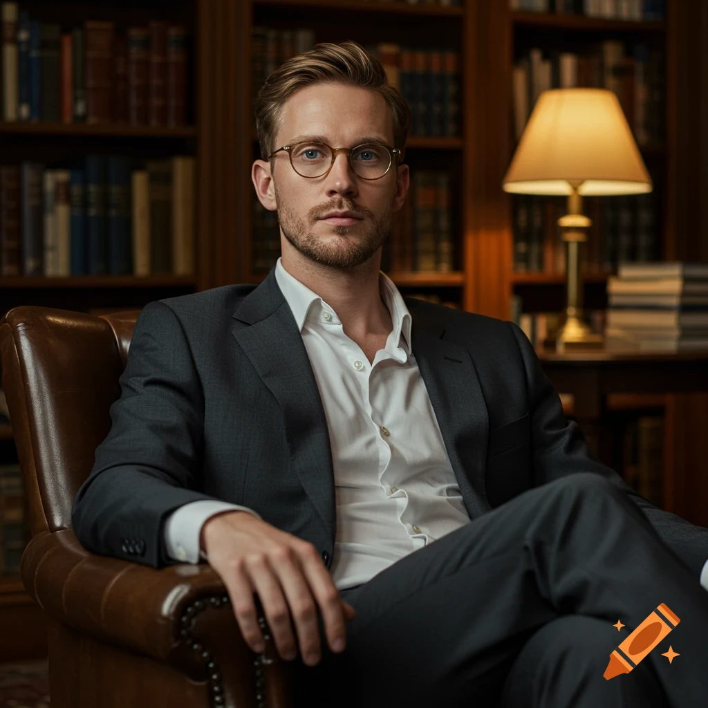 A man with glasses and a beard in a suit sits in a leather chair in a library, looking directly at the viewer.
