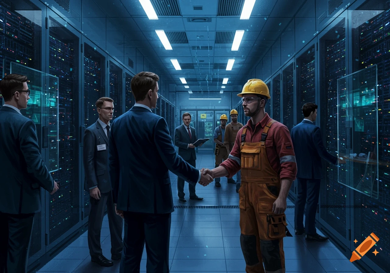 Two men, one in a suit and one in work overalls and a hard hat, shake hands in a blue-lit data center, surrounded by server racks.