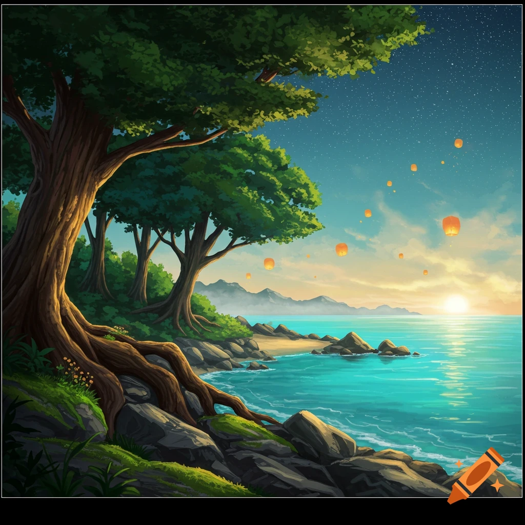 Vibrant digital art landscape of a rocky beach with large trees and roots, turquoise ocean, mountains, and sky lanterns at sunset under a starry sky.