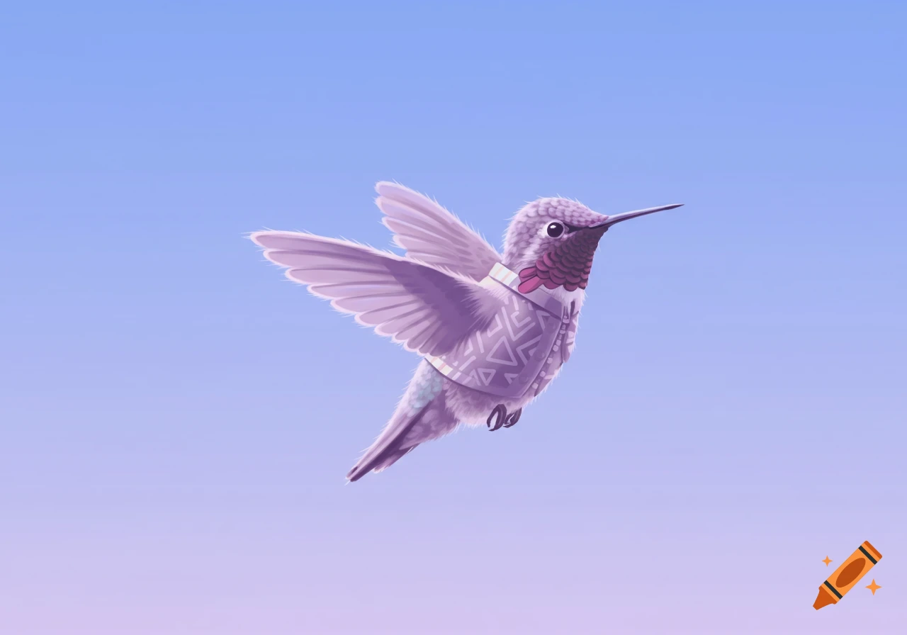 A cute, fluffy hummingbird in a geometric-patterned purple jacket takes off against a serene pastel blue and purple sky, in a minimalist drawing style.