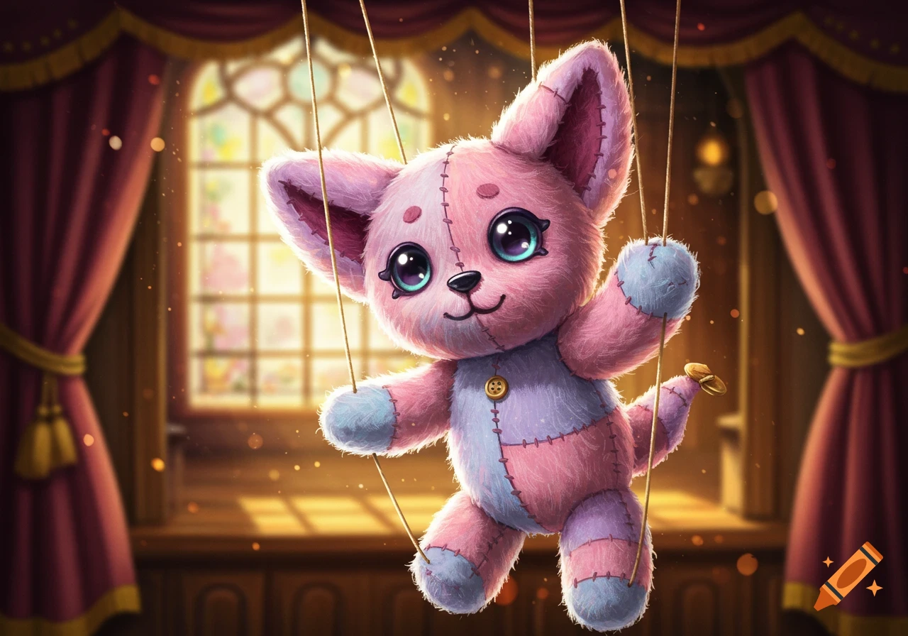 A cute pink and purple plushie puppet hangs from strings in front of a sunlit window with red curtains.