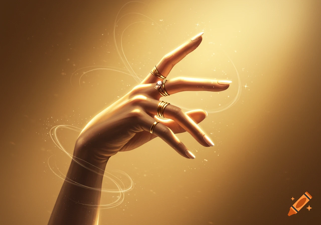 An elegant hand adorned with multiple gold rings, glowing with swirling light against a warm golden background.