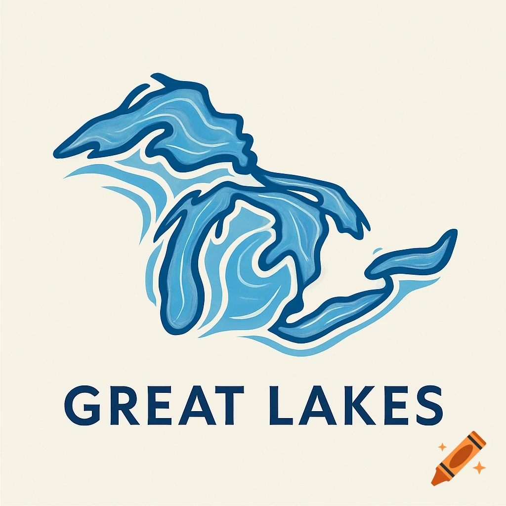 A stylized blue illustration of the Great Lakes with wave patterns, above the text 'GREAT LAKES'.
