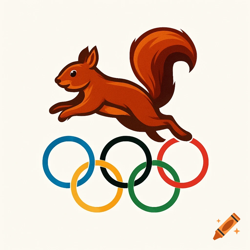 A stylized logo of a brown squirrel jumping over the five Olympic rings on a white background.