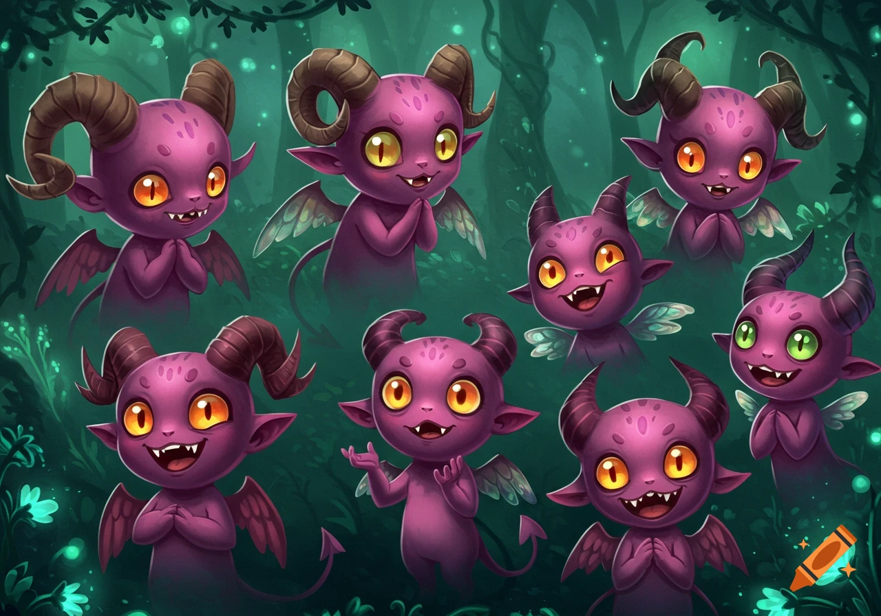 A group of cute, purple, cartoon demon characters with horns, fangs, and small wings in a dark, glowing forest.