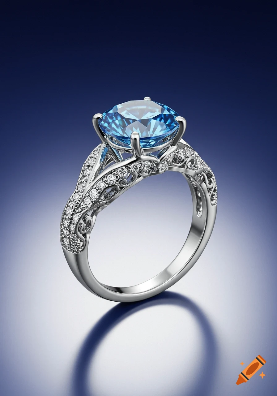 A detailed photorealistic silver ring with a large blue gemstone and diamond-encrusted ornate band, on a reflective blue background.