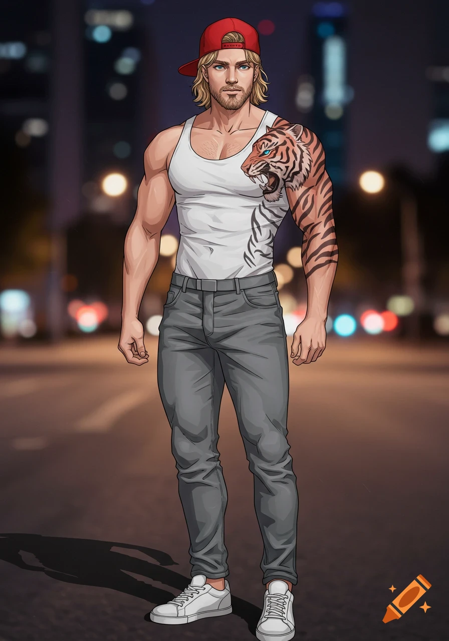 A blonde, bearded man in a red baseball cap, white tank top, and gray jeans, with a tiger arm tattoo, stands on a street at night in a cartoon style.