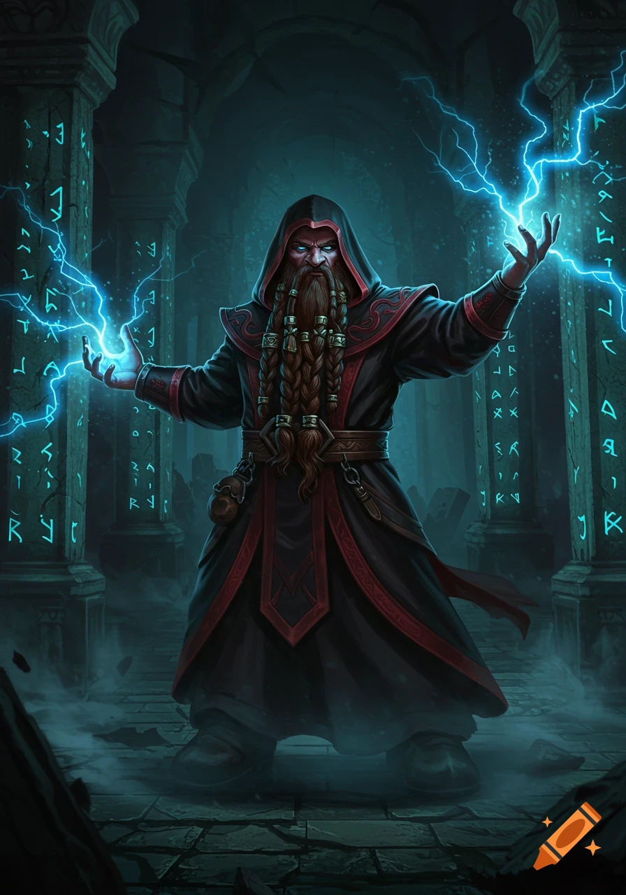 A hooded dwarf wizard with a braided beard casts blue lightning in a dark, rune-filled fantasy dungeon.