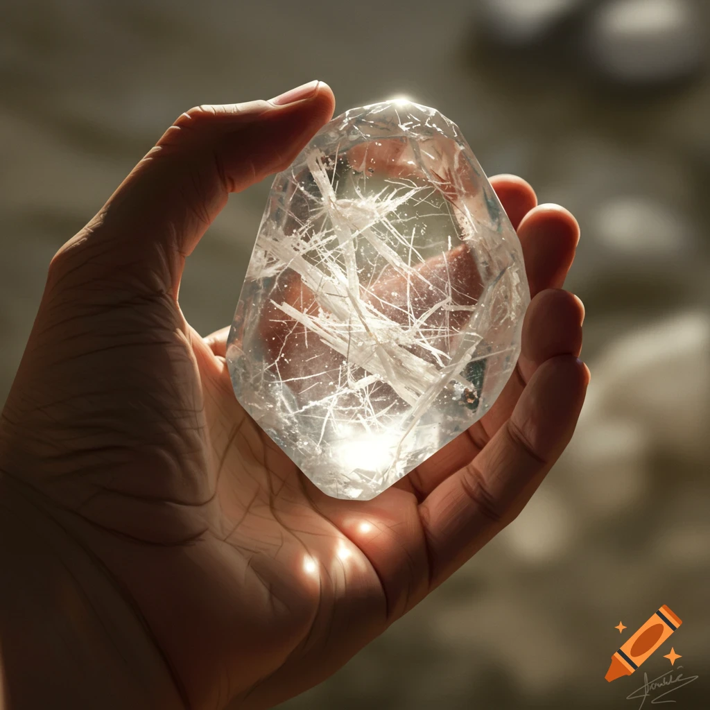 A hand holds a translucent crystal with bright white needle-like inclusions, glistening in sunlight against a soft background.