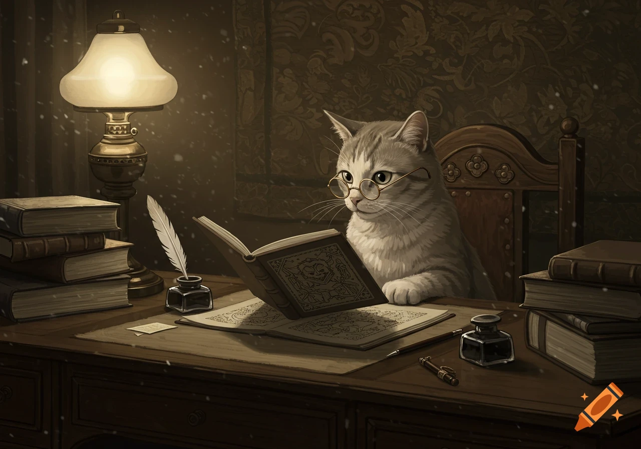 A gray cat wearing spectacles sits at a vintage wooden desk, reading an open book under the warm light of a table lamp in a dim room.