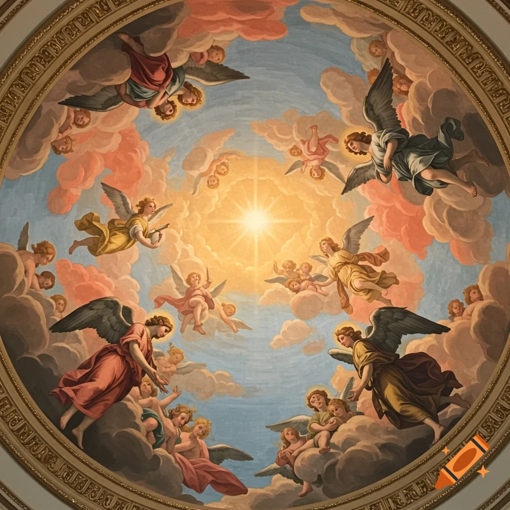 A classical renaissance style ceiling mural depicting angels and cherubs flying among colorful clouds around a bright central light.