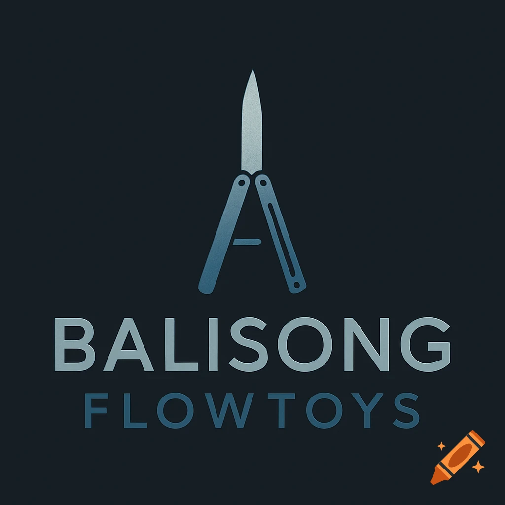 A dark blue and grey logo for Balisong FlowToys, featuring a stylized butterfly knife forming the letter A in Balisong.