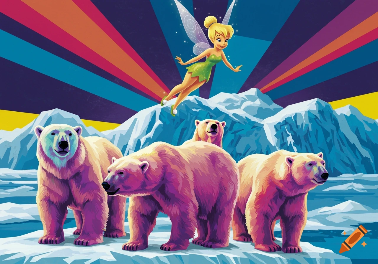 Blonde Tinkerbell flies over five colorful pop art polar bears in a stylized arctic landscape with a rainbow sky.