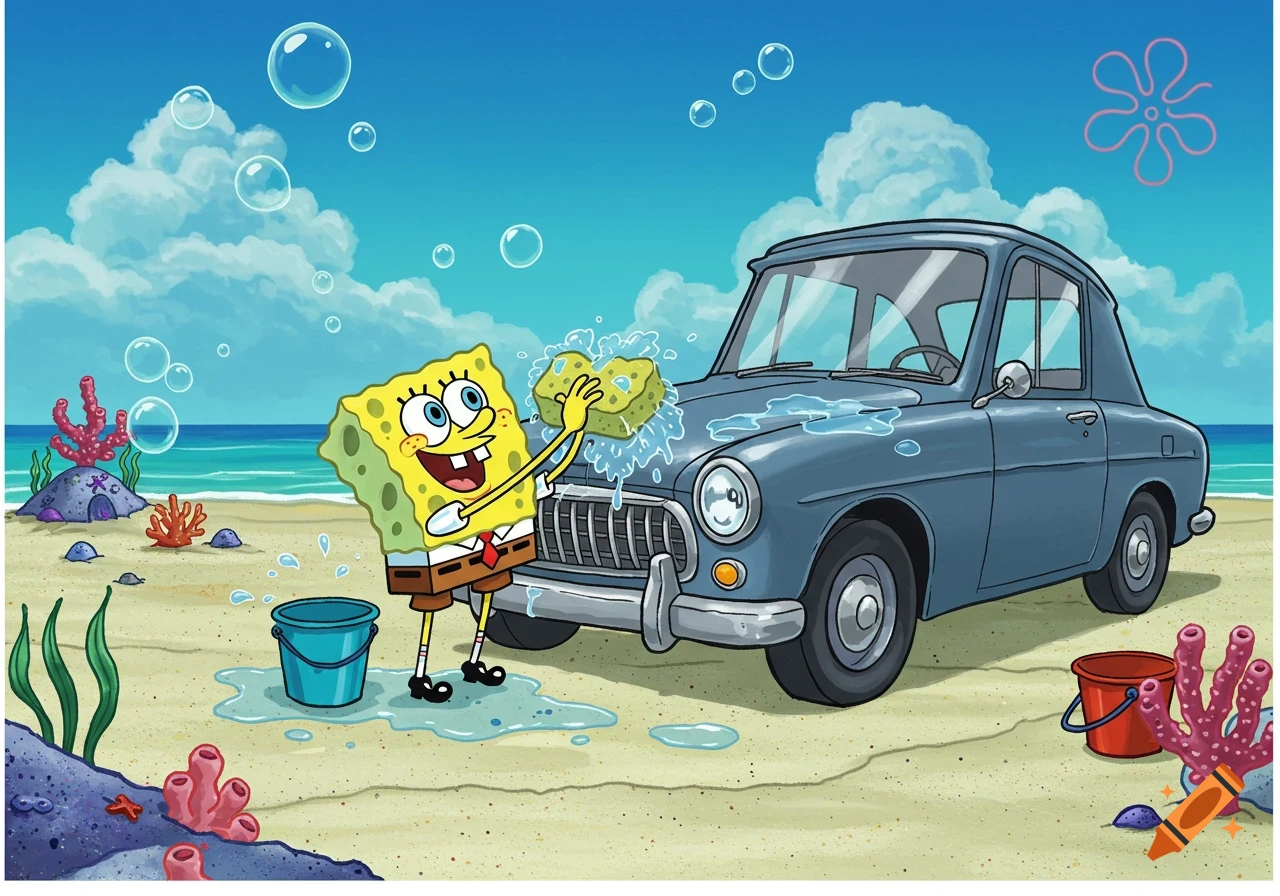 Cartoon Spongebob Squarepants enthusiastically washes a blue car on a sandy beach with the ocean in the background, surrounded by coral and bubbles.
