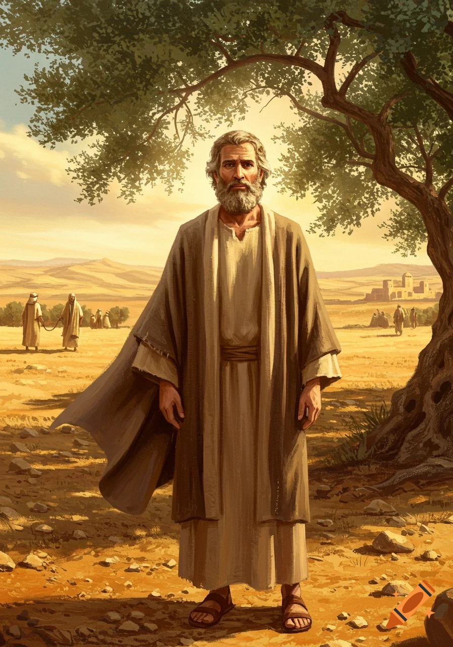 A bearded man in ancient robes stands in a sun-drenched desert landscape with an olive tree.