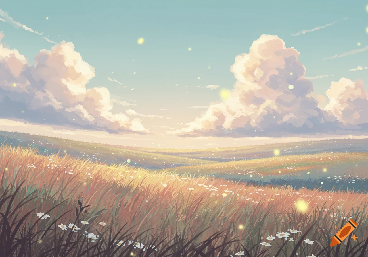 Stylized digital painting of a vast grassy field with wildflowers under a blue sky with fluffy clouds and glowing specks.