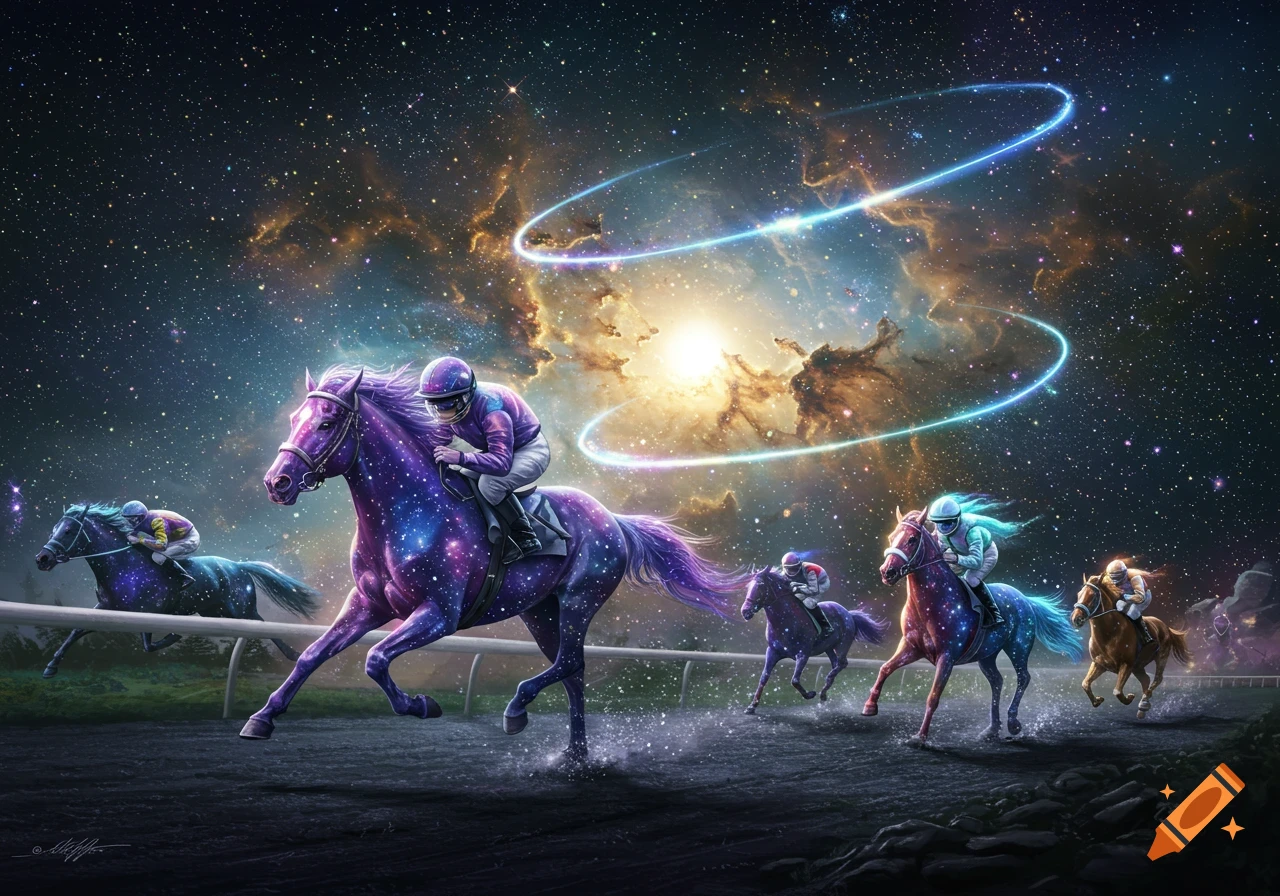 Vibrant, stylized fantasy image of horses and jockeys racing across a celestial track, set against a glowing nebula and starry night sky.