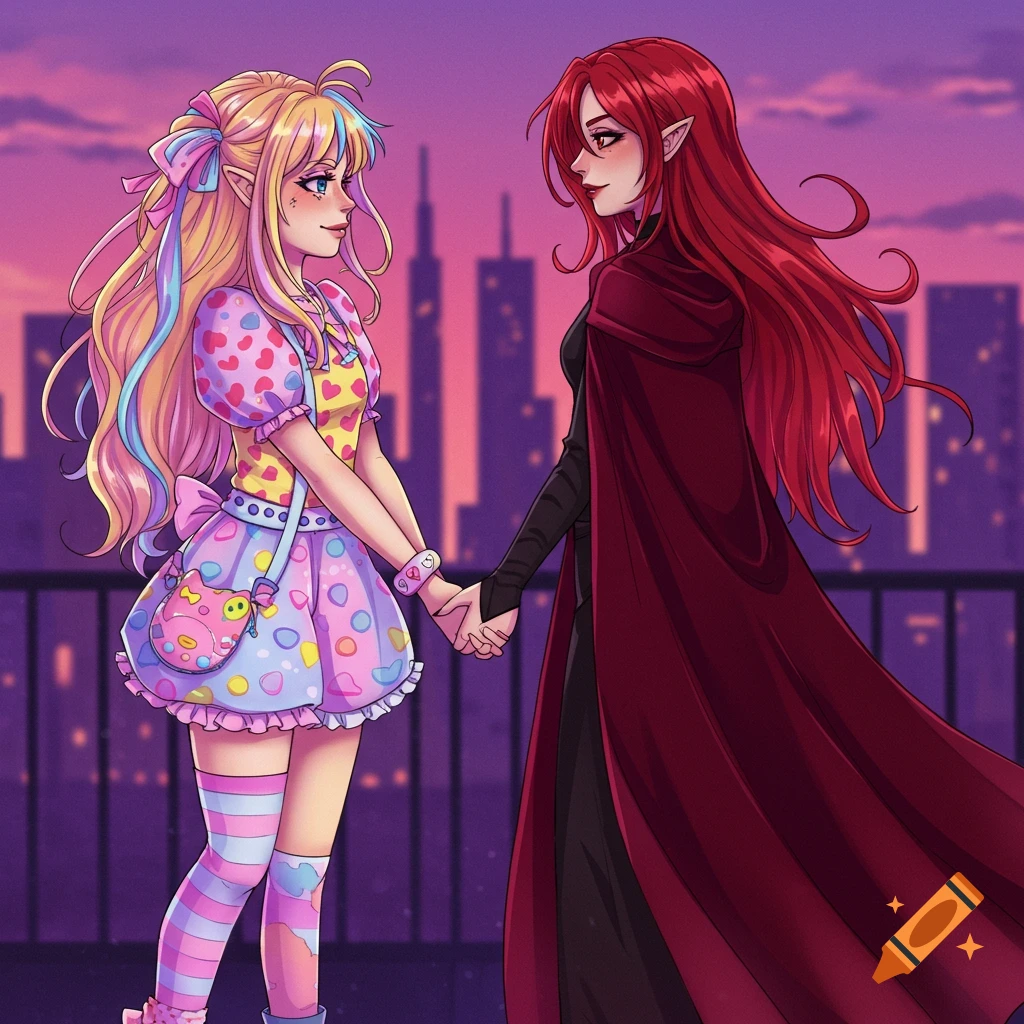 Anime-style illustration of two girls, one blonde in pastel clothes and one red-haired in a dark cape, holding hands on a rooftop against a city skyline.