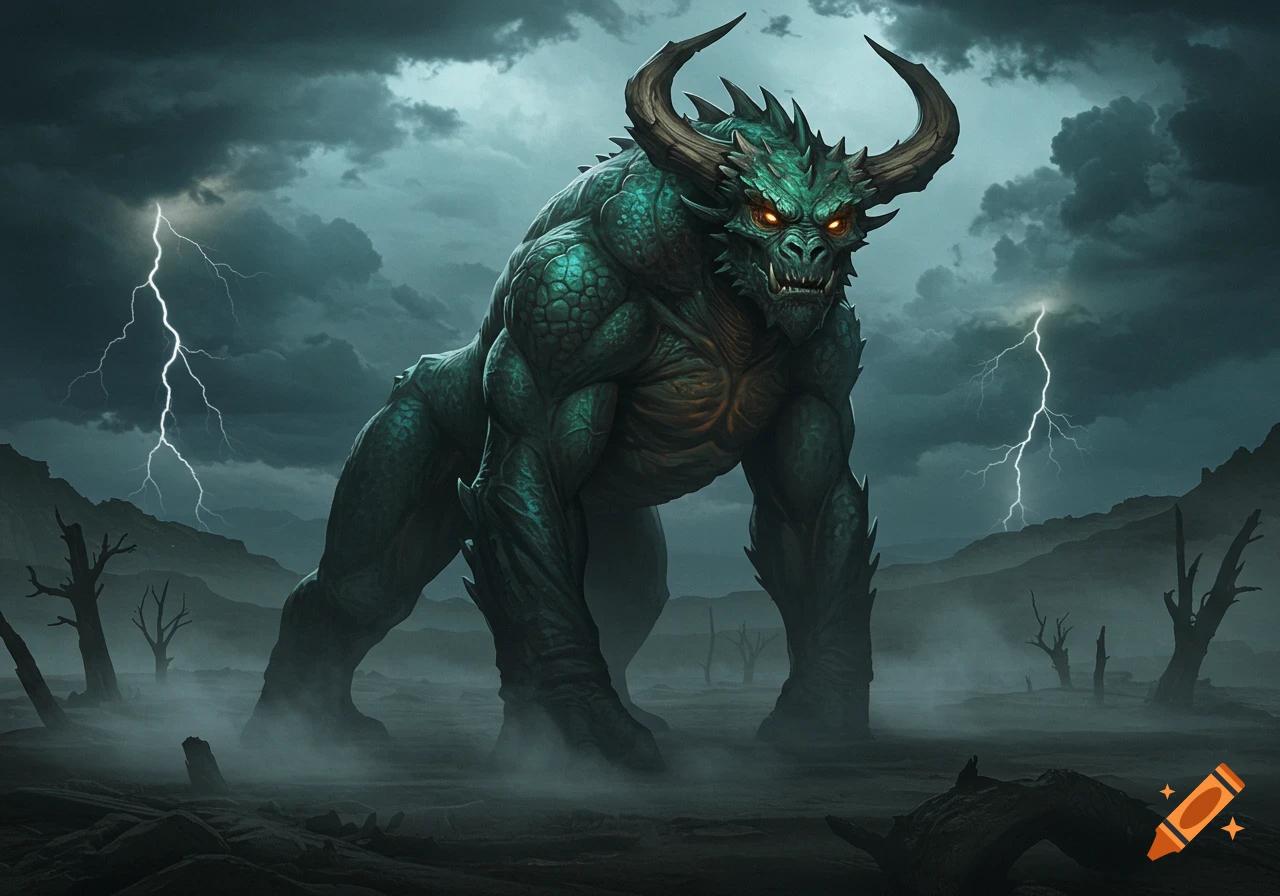 A powerful green scaly monster with horns and glowing red eyes stands in a desolate, stormy landscape with lightning.