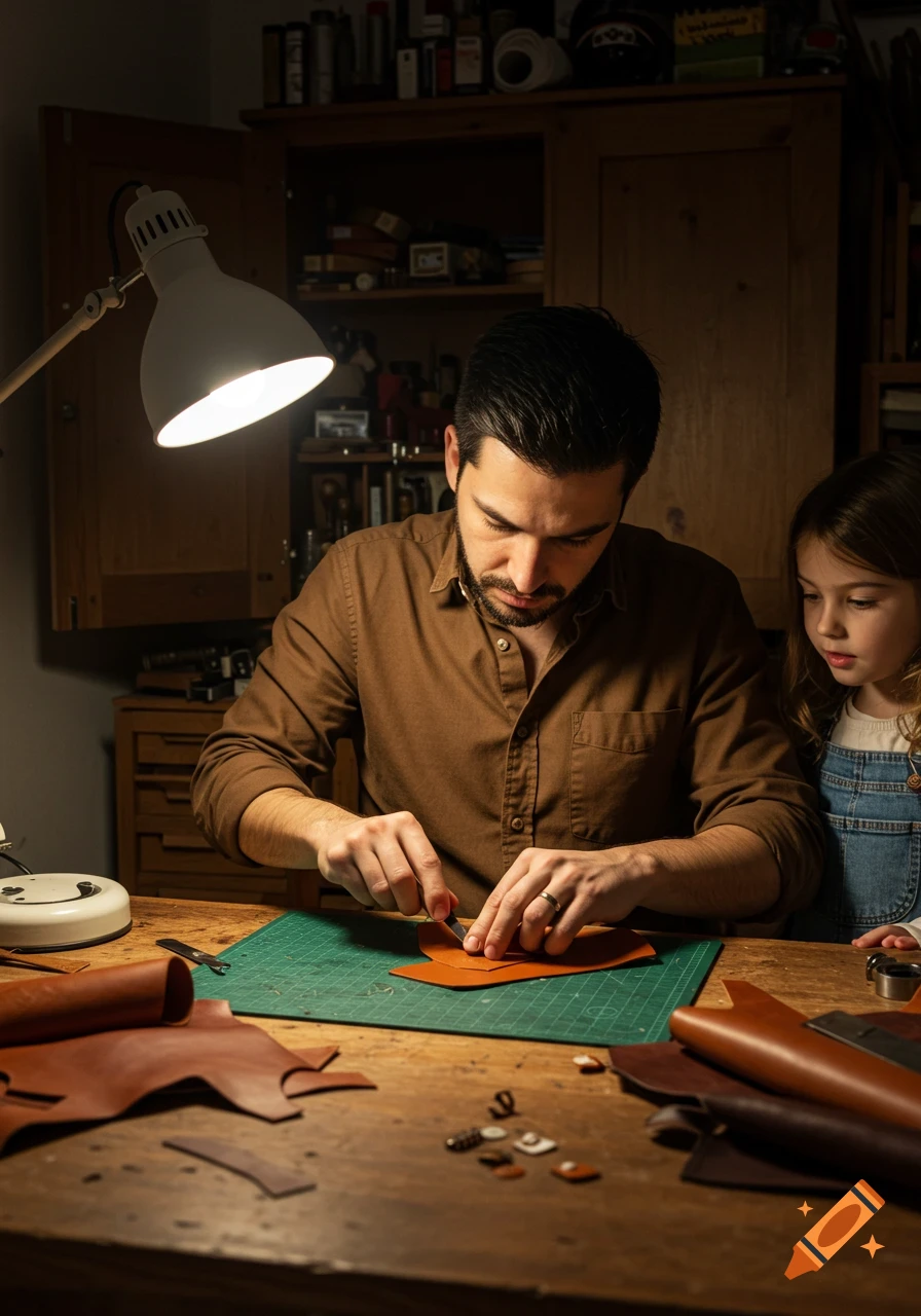 A father and his young daughter are focused on cutting leather at a workbench under a bright lamp.
