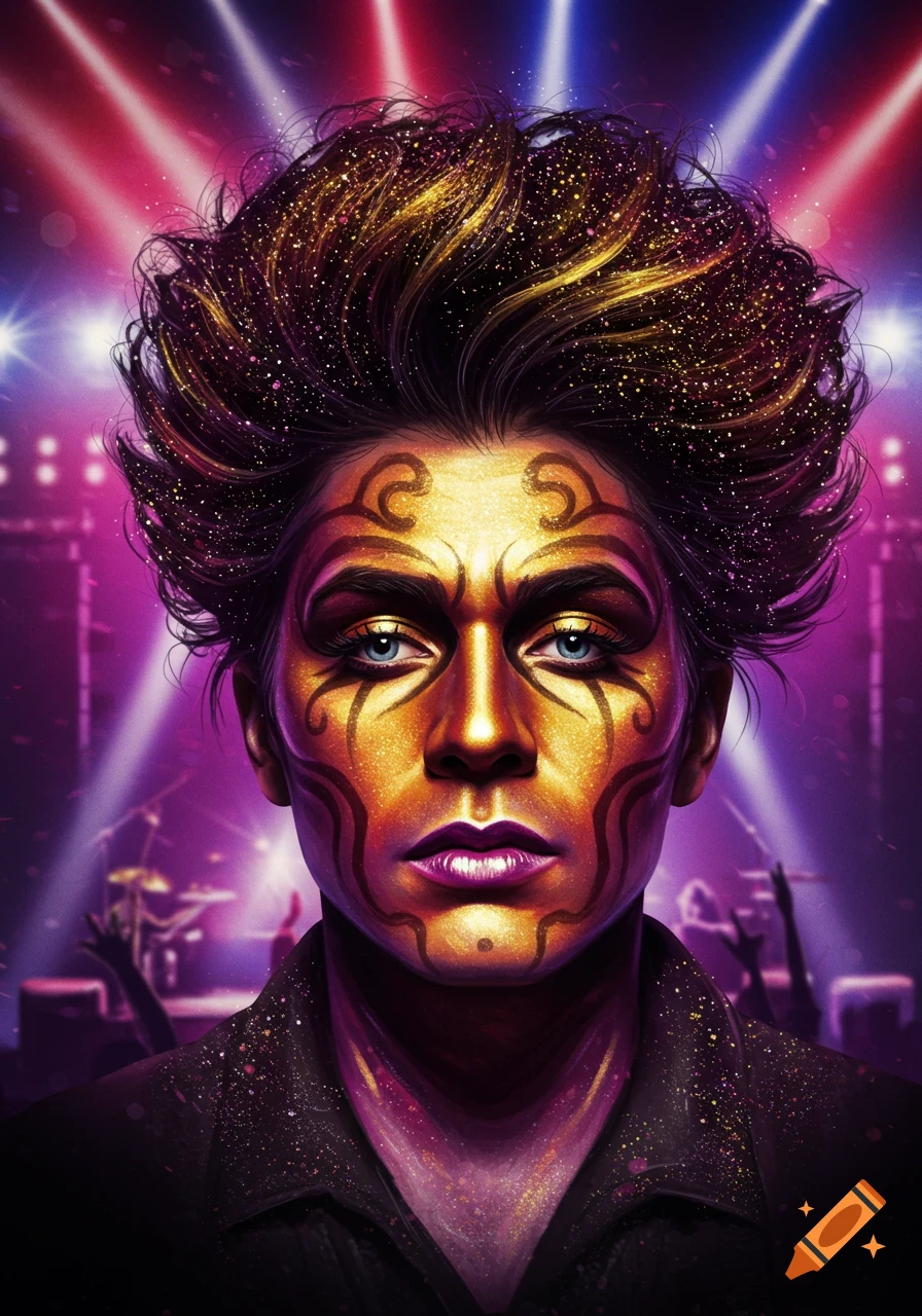 Close-up portrait of a person with intricate golden face paint, glittery hair, and purple lips, illuminated by purple and red stage lights at a concert.