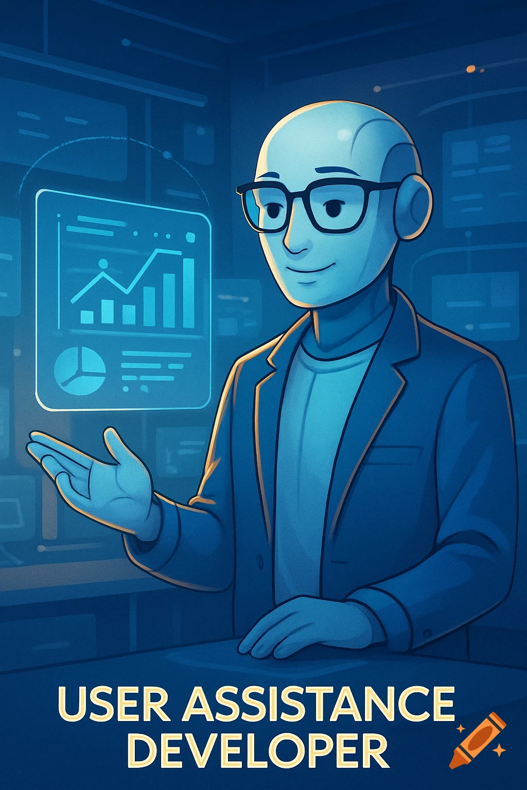 A smiling robot in glasses and a suit presents data on blue glowing screens. Text reads 'USER ASSISTANCE DEVELOPER'. Digital illustration.