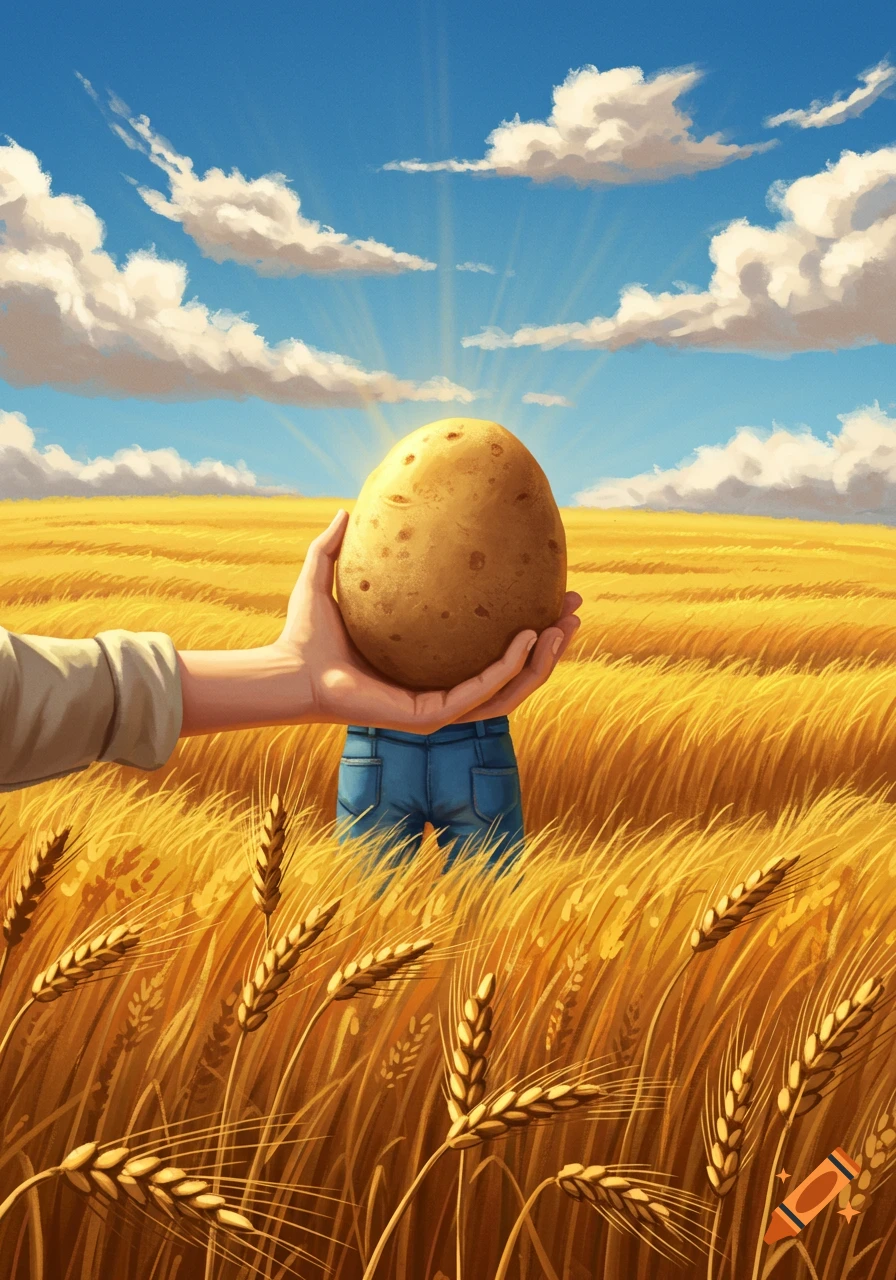 A stylized illustration of hands holding a large potato in a golden wheat field under a sunny blue sky.