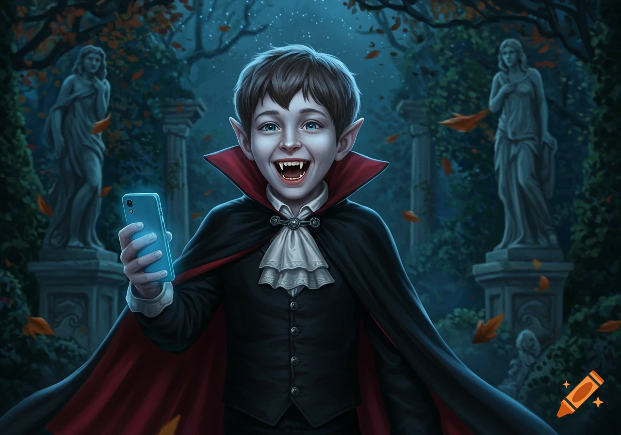A smiling boy vampire in a cape holds a smartphone in a dark, overgrown garden with statues at night, digital illustration.