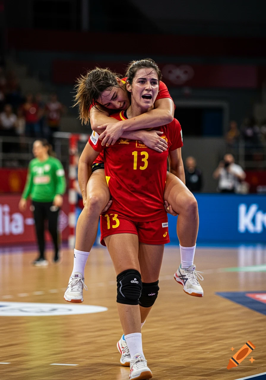A female handball player in a red jersey with number 13 carries her emotional teammate on her shoulders on a court.