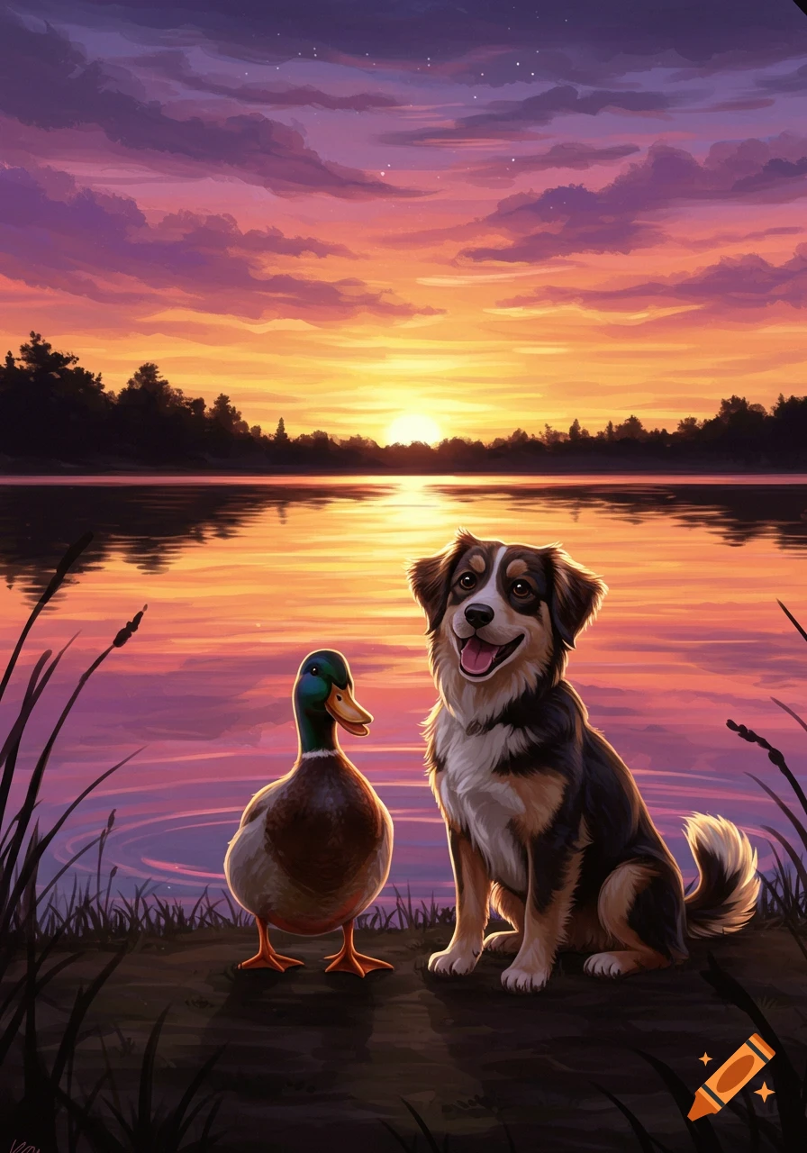 An adorable dog and a duck sit by a tranquil lake at sunset, with a vibrant orange and purple sky reflecting on the water.