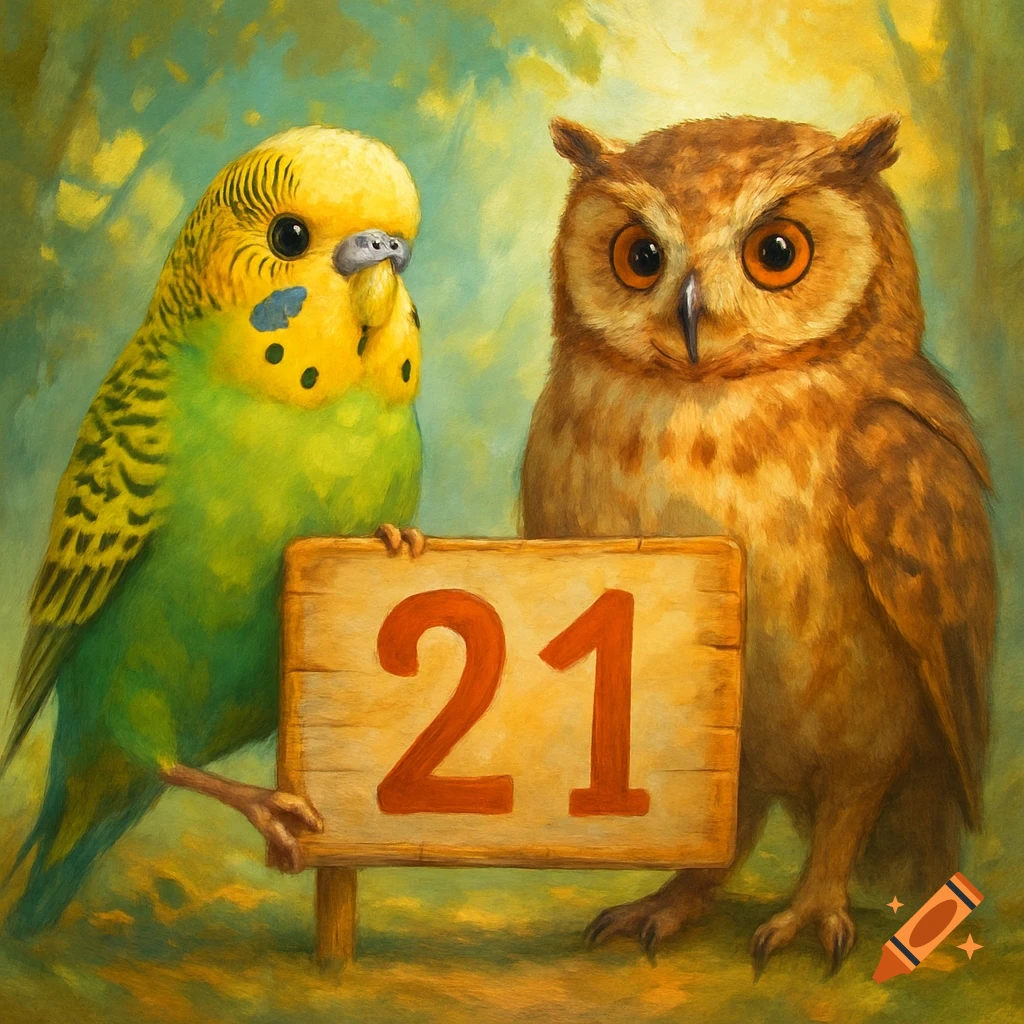 Painting of a green and yellow parakeet and a brown owl holding a wooden sign with "21" in a lush forest.