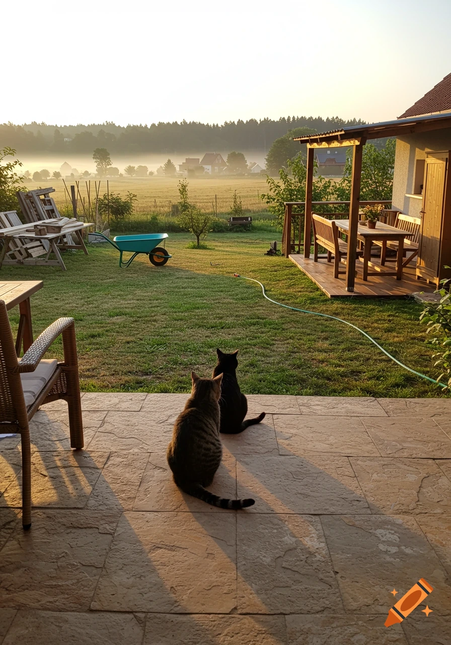 Two cats sit on a stone patio looking out at a misty, sunlit rural landscape with a green lawn, field, forest, and house.