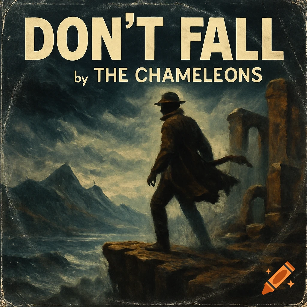 Pulp adventure-style album cover with a lone figure on a stormy cliff, text 'DON'T FALL by THE CHAMELEONS'.