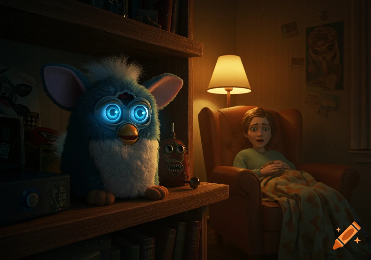 An animated blue and white Furby toy with glowing eyes sits on a shelf, looking at a terrified person wrapped in a blanket in an armchair.