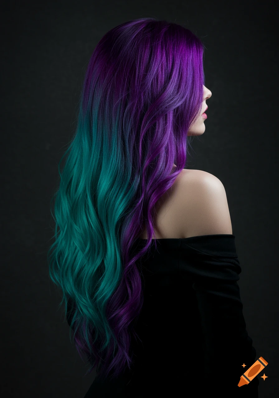 Photorealistic portrait of a woman with long, flowing turquoise and purple hair, seen from the back with shoulders visible against a dark background.